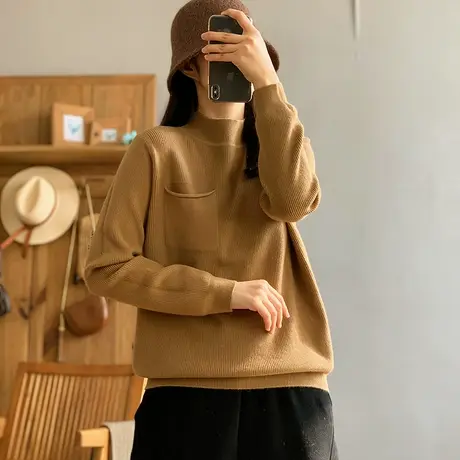 dza 复古短款半高领打底针织衫春秋新款宽松口袋套头毛衣长袖上衣图片
