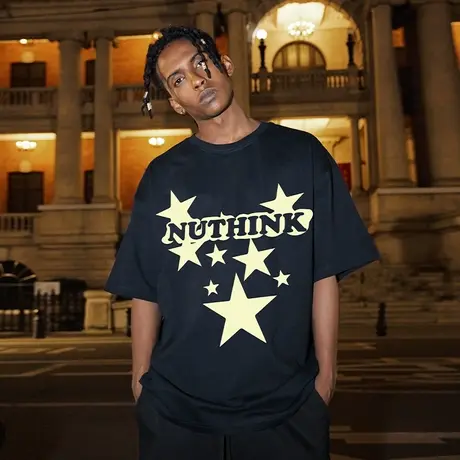 美式潮牌星星圆领短袖高街嘻哈T恤男潮流大码宽松半袖男款夏季商品大图