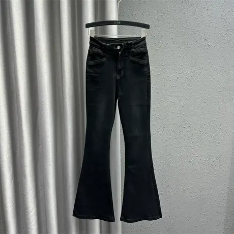 韩版黑色高腰微喇牛仔裤女2024春夏新款修身显瘦百搭休闲喇叭裤潮商品大图
