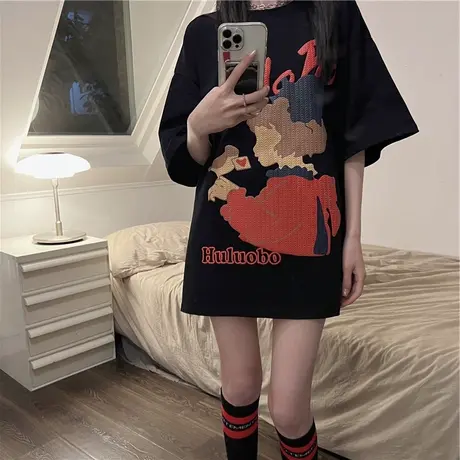 纯棉短袖t恤女夏宽松小众设计感复古美式别致下衣失踪中长款上衣商品大图