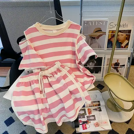 纯棉条纹休闲运动风套装女2023夏季薄款宽松盐系炸街两件套小个子商品大图