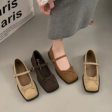法式晚风气质平跟浅口单鞋女2024春季新款复古方头粗跟玛丽珍鞋子商品大图