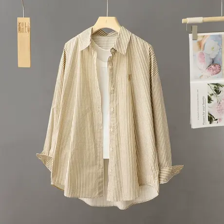 中长款杏色条纹衬衫女宽松春秋季2024年新款设计感衬衣开衫薄外套图片
