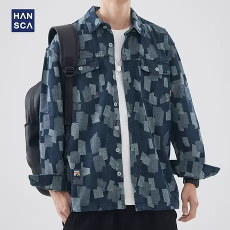 hansca春季牛仔翻领长袖衬衫男复古提花水洗宽松休闲落肩衬衣外套商品大图