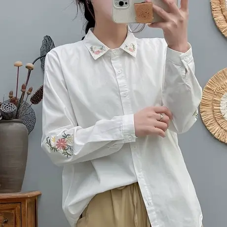 日系文艺小清新刺绣花朵宽松全棉娃娃领白衬衫女长袖打底衫学生潮商品大图