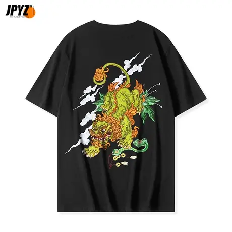 新款貔貅刺绣短袖 国潮牌宽松复古情侣半袖纯棉高街圆领上衣t恤男商品大图