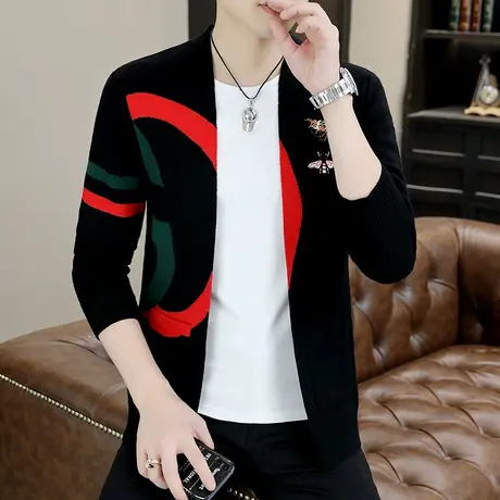 针织开衫男薄款春秋季潮流帅气韩版提花刺绣小蜜蜂羊毛衫外套毛衣商品大图