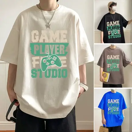 港风短袖T恤男夏季薄款纯棉休闲半袖2023潮牌男装体恤宽松上衣服商品大图