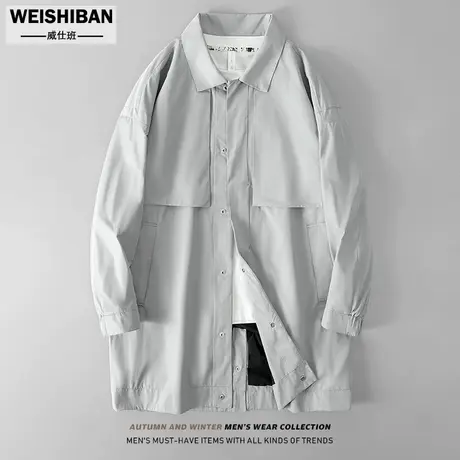 日系休闲极简风中长款风衣男2022秋季新款翻领工装外套纯色百搭潮图片