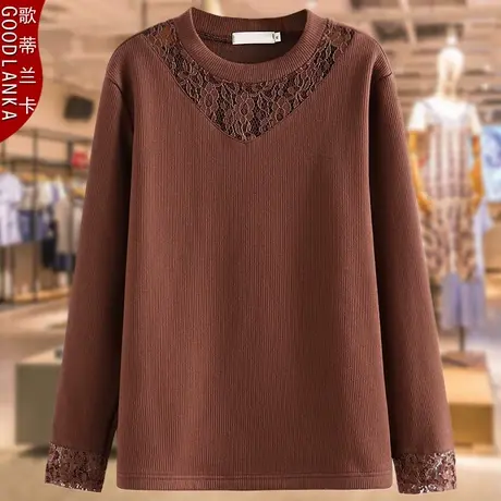 中年50岁胖妈妈秋冬季加绒打底衫洋气时尚加肥加大码蕾丝拼接上衣商品大图