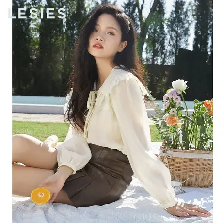 LESIES蓝色倾情春秋新款女绣花海军领灯笼袖淑女上衣长袖衬衫商品大图