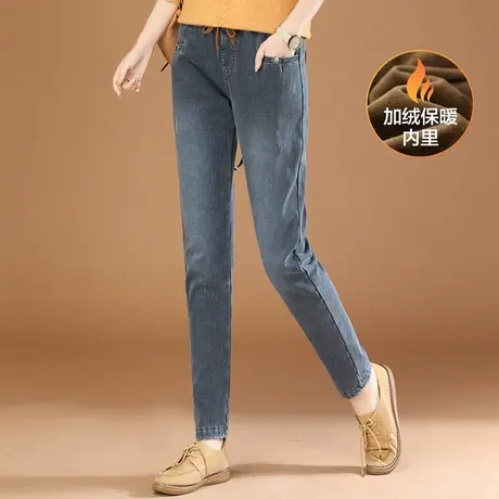 韩潮袭人复古松紧腰加绒牛仔裤女2023冬装新款显瘦小脚哈伦长裤子商品大图