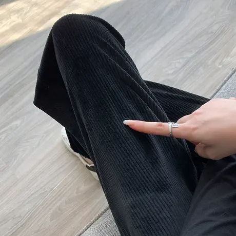 黑色雪尼尔阔腿裤女士春秋小个子显腿长遮腿粗宽松休闲卫裤束脚裤图片