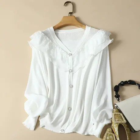 秋装2023年新款雪纺袖冰丝针织衫女长袖宽松上衣洋气蕾丝打底衫女商品大图