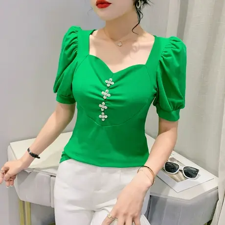 泡泡袖上衣女装2023新款纯色百搭性感V领T恤短袖修身显瘦别致小衫商品大图