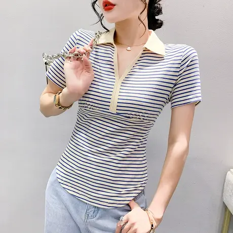欧货别致POLO领T恤女短袖时尚洋气条纹上衣夏季弧形下摆收腰小衫图片