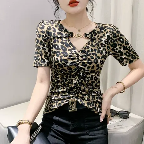 性感V领豹纹上衣女2023夏季新款设计感小众T恤短袖修身洋气小衫潮商品大图