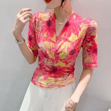 复古印花中袖T恤女士夏装2023新款交叉V领性感网纱上衣修身小衫潮商品大图