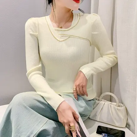 性感镂空烫钻拼接打底衫个性百搭显瘦套头毛衣洋气修身外穿打底衫商品大图