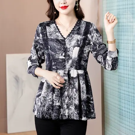 打底衫女春秋装2023年新款潮牌印花大版宽松t恤长袖内搭妈妈上衣商品大图