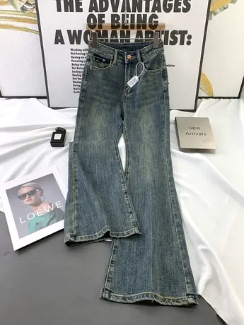 复古磨白韩版牛仔喇叭裤女2023秋季新款显瘦百搭高腰弹力微喇长裤商品大图