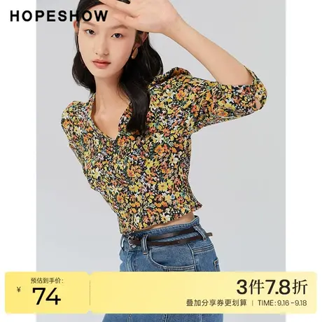 红袖outlets碎花泡泡袖收腰上衣hopeshow2022秋季新款短款衬衫女商品大图