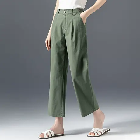 军绿色窄版直筒裤女小个子天丝裤子夏季薄款冰丝女裤九分裤阔腿裤图片