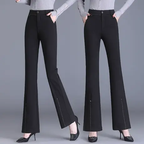 2023早秋裤子女新款弹力显瘦微喇裤潮时尚大码直筒西装喇叭裤黑色图片