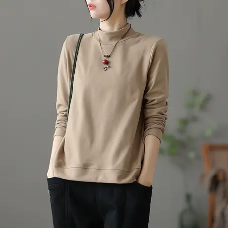 dza文艺复古高弹纯色内搭上衣女半高领打底衫女士秋冬宽松长袖t恤商品大图