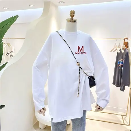 2022新款秋冬装纯棉韩版宽松休闲长袖t恤女中长款磨毛加厚打底衫商品大图