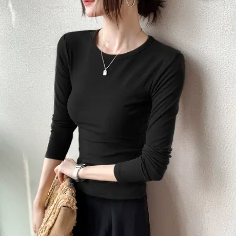 长袖圆领纯色基础上衣女2023春季新款开衫内搭打底衫修身显瘦T恤商品大图