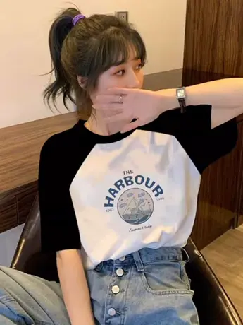 别致撞色插肩袖复古t恤女上衣夏季2023新款正肩短袖内搭打底半袖图片