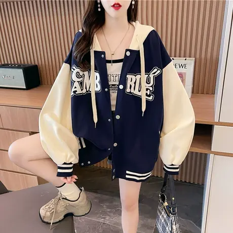 早秋装外套女春秋季韩版宽松大码初秋薄款撞色棒球服夹克开衫卫衣图片