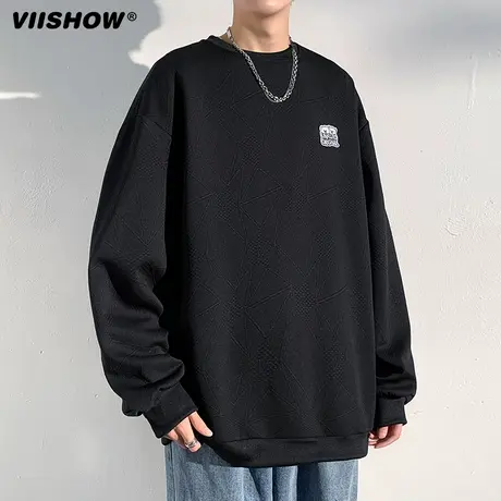 VIISHOW日系圆领卫衣男士春秋纹理纯色上衣青少年宽松潮牌套头衫商品大图
