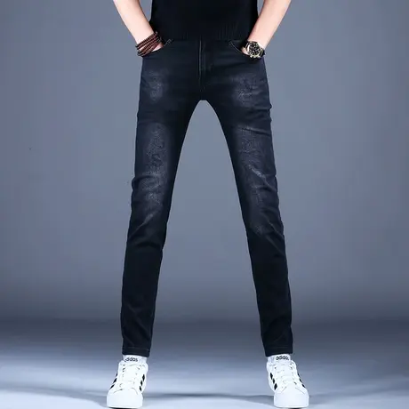 高端轻奢潮牌印花牛仔裤男款黑色休闲裤子男修身小脚弹力新款秋款图片