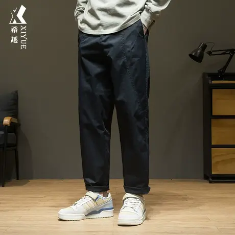 希越直筒锥形休闲裤男秋季纯色简约百搭宽松大码胖子工装拼接长裤商品大图