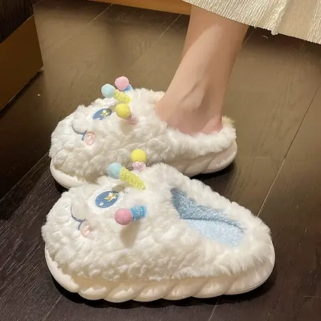 可爱大眼萌厚底毛毛拖鞋女外穿2023秋冬季新款家居保暖包头棉拖鞋商品大图