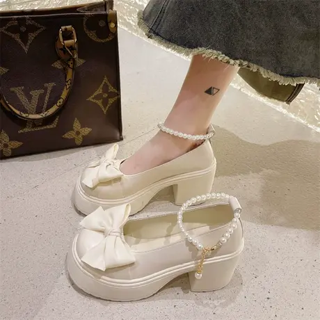 小皮鞋女春夏季厚底女鞋2023新款法式蝴蝶结珍珠绑带仙女玛丽珍鞋商品大图