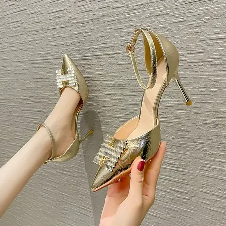 一字带高跟鞋女细跟2023年夏季新款性感水钻中空气质仙女宴会凉鞋商品大图