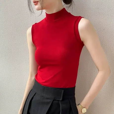 半高领无袖背心女装2025春季新品西装内搭上衣纯色修身显瘦打底衫商品大图