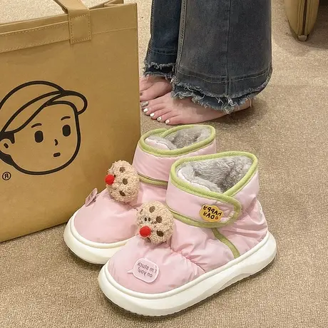 可爱红鼻子魔术贴高帮棉鞋女冬季外穿加绒保暖防水厚底防滑雪地靴商品大图