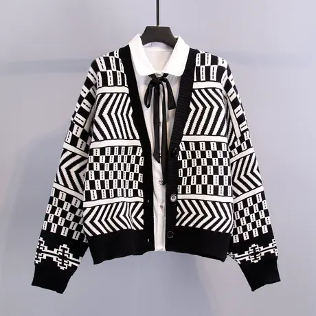 黑白格子外搭毛衣女开衫2023秋装新款韩版宽松慵懒风百搭针织外套图片