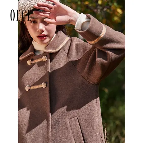 【买1送1】Oece冬新款女学院文艺复古呢子大衣中长款毛呢外套图片