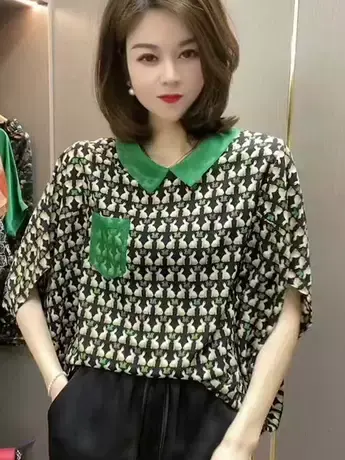 2023夏季新款娃娃领蝙蝠衫印花宽松遮肚子气质时尚韩版短袖上衣女图片