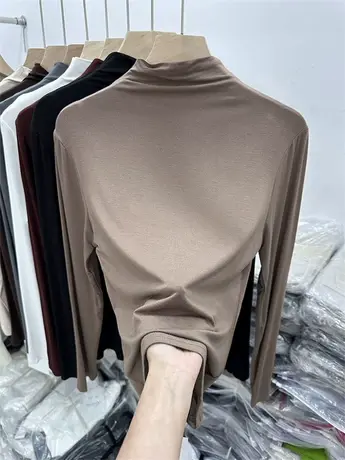 欧货超柔面膜衣长袖T恤女秋修身纯色亲肤半高领莫代尔棉打底衫潮商品大图