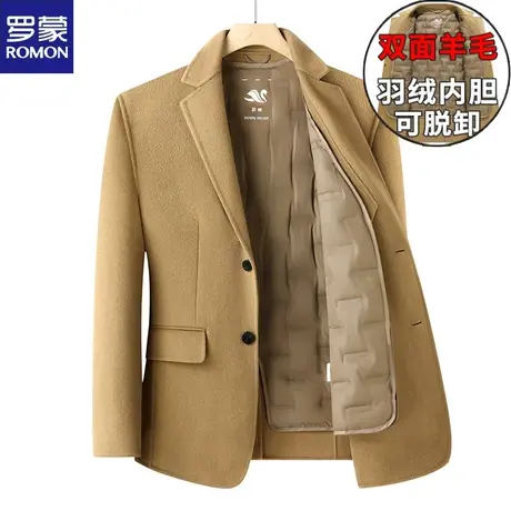 罗蒙羊毛呢子双面大衣短款男西装无羊绒加厚羽绒内胆纯手工单西服图片