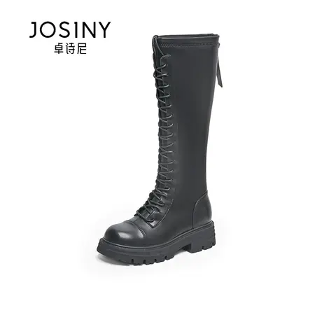 卓诗尼新款冬季精致女鞋圆头经典长筒靴粗跟马丁靴酷炸百搭骑士靴商品大图