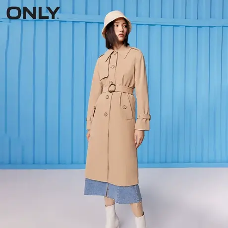 ONLY翻领长款纯色系扣高腰风衣外套女|122336045商品大图