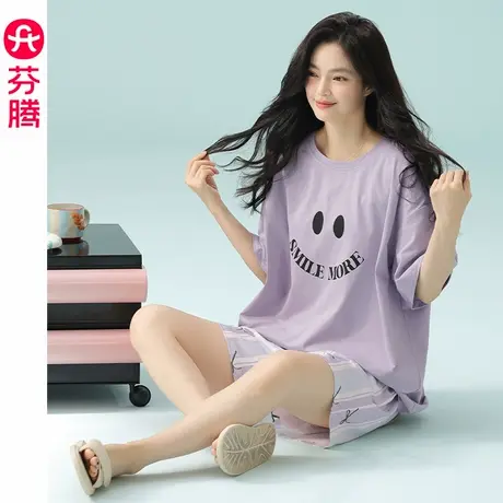 芬腾睡衣女夏季纯棉短袖圆领套装女款薄款可爱休闲大码薄款家居服商品大图