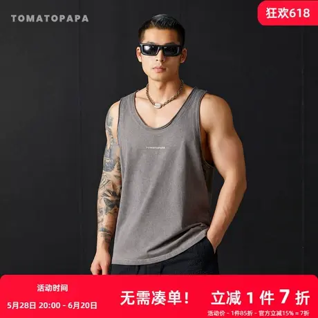 TOMATOPAPA背心男2025年夏重磅棉洗水做旧无袖体恤高街休闲潮上衣图片